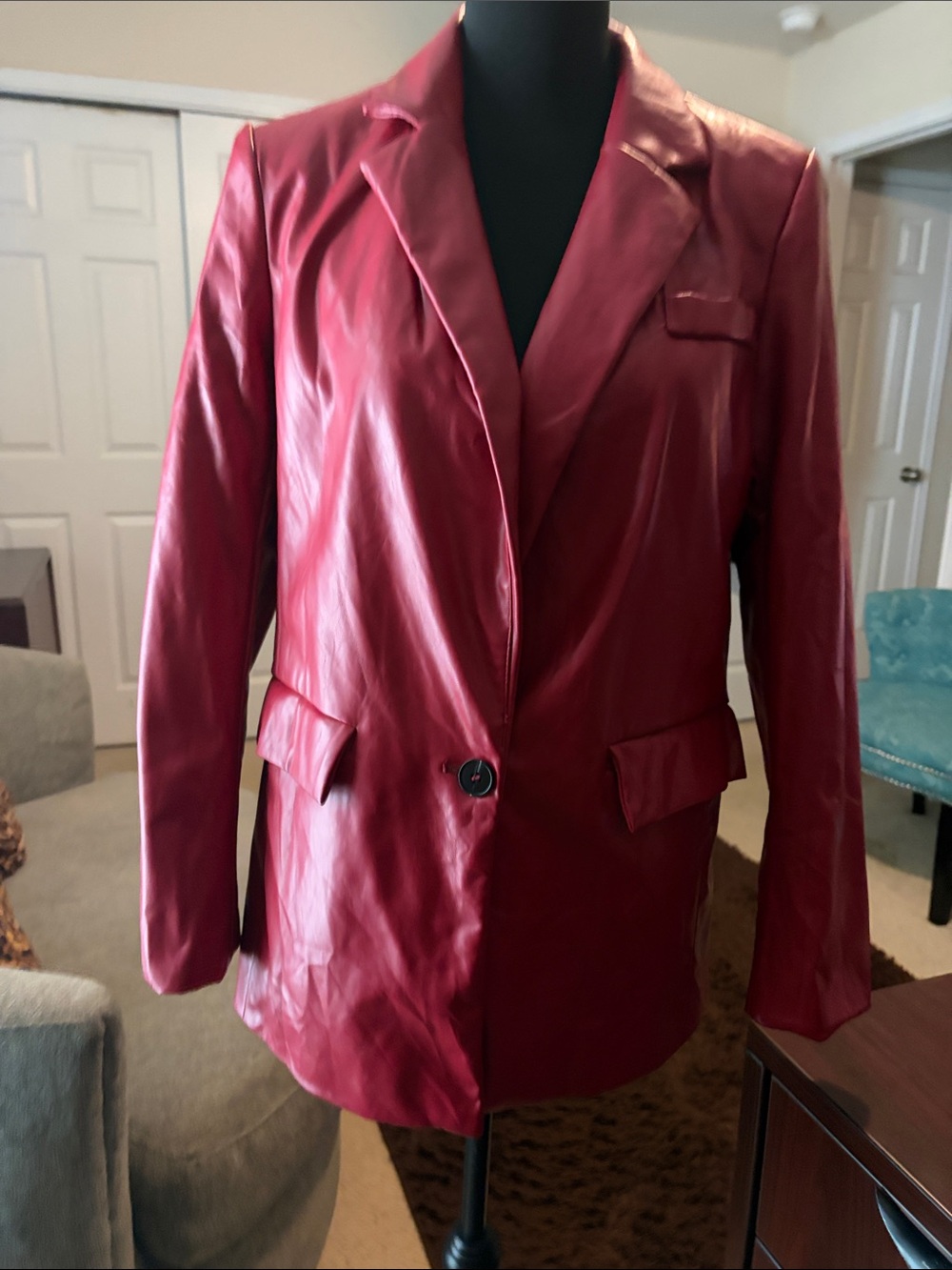 Red Faux Leather Single-Button Blazer Jacket